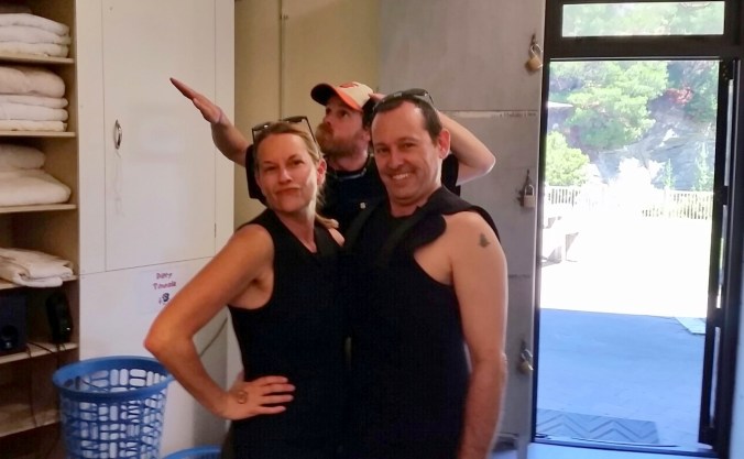 Before the float, with hope in our hearts. In the background is one of the many very laid back raft guides. 