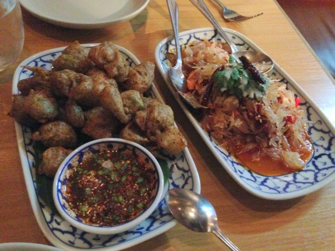 Pomelo salad and fried okra with a crazy good sweet spicy dipping sauce.